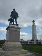 The statue of Sir Francis Drake and the War Memorial are famous landmarks in the City of Plymouth